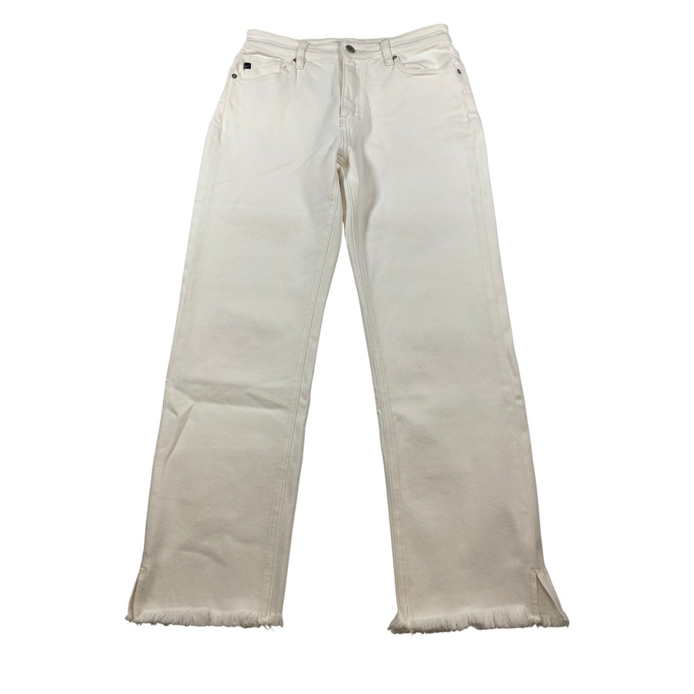 KanCan White High‎ Rise Wide Leg Jeans with Raw Frayed Hem and Side Slits